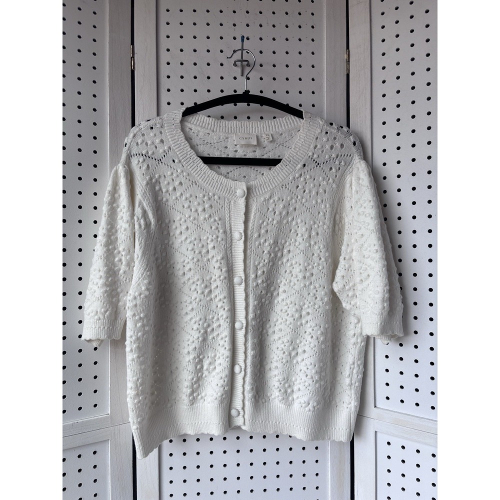 Cyrus Womens XL Ivory Short Puff Sleeve Popcorn Textured Button Cardigan Sweater
